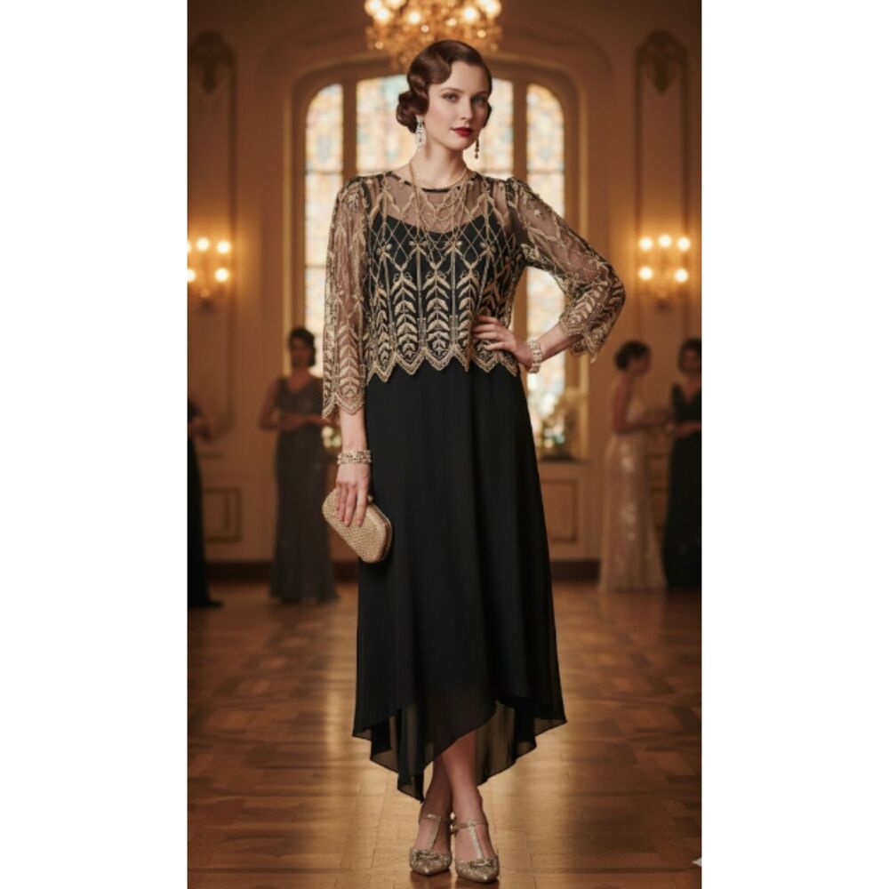 Vintage 80s Cachet by Bari Protas Black Gold Lace Sheer Overlay‎ Dress Size 9/10